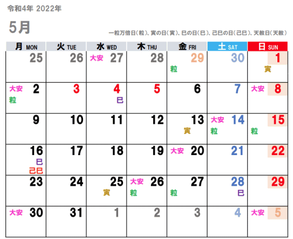 金運吉日カレンダー 2022年5月