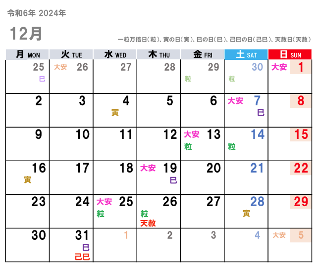 2024年12月（令和6年）の金運吉日はコチラ！