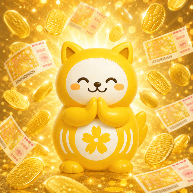 宝くじと小判に囲まれて祈るおててんの金運イメージ